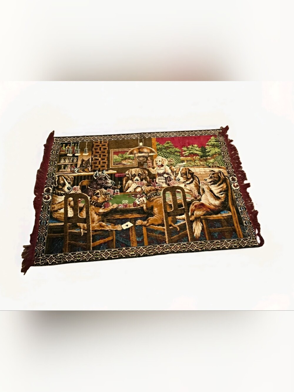 Dogs Playing Poker Tapestry Vintage Woven Wall Hanging Novelty 57" x 39" Fringe